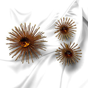 Vintage Sarah Coventry Sputnik Modernist Brooch Earring Set Gold Tone Crystal
